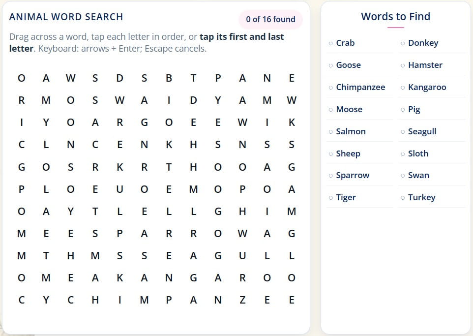 Free online animal word search and printable word search for animals