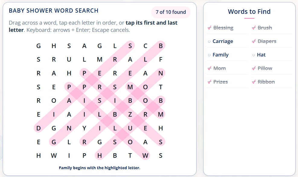 Free online baby shower word search and printable baby shower word search game