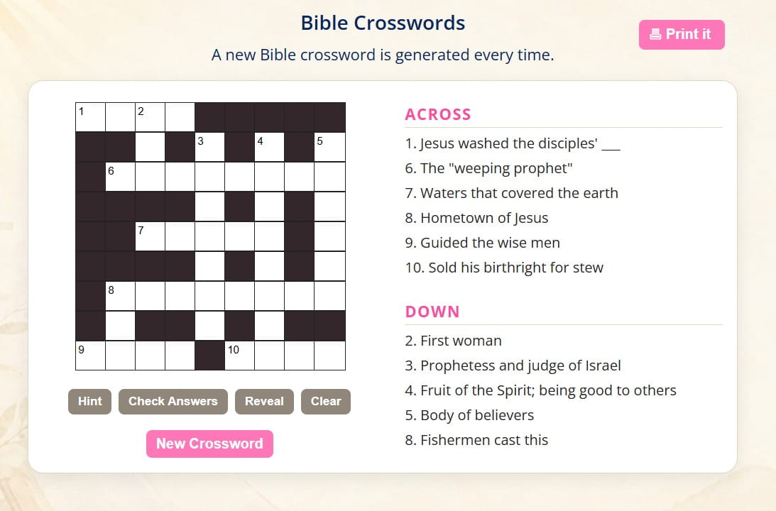 Easy Bible crossword puzzles for kids, adults, and seniors.