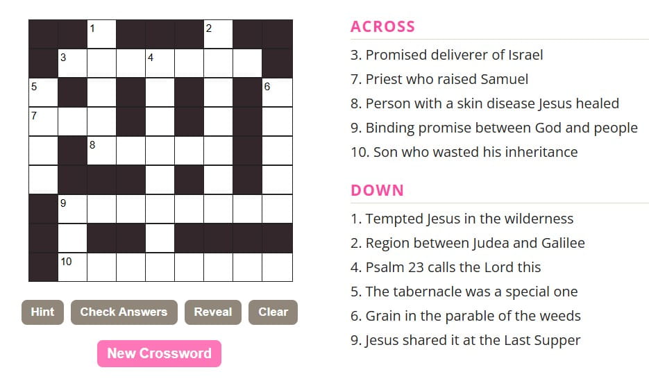 Free Bible crossword puzzles online and printable with answers.