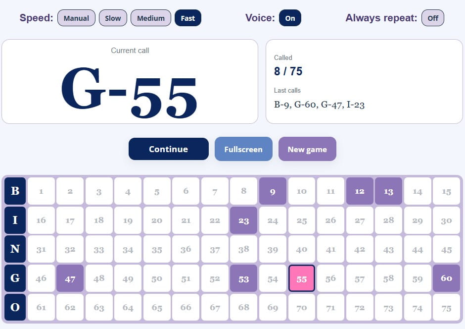 Free Online Bingo Caller with Voice calls numbers 1-75
