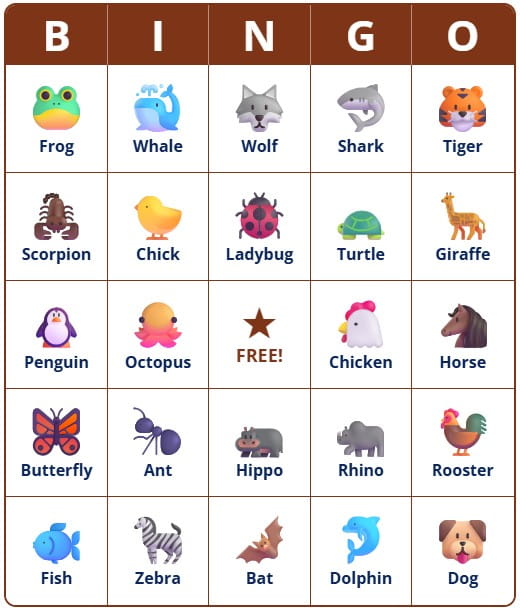 Free printable Animal Bingo card generator