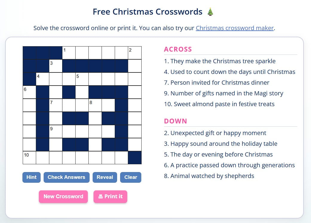 Easy Christmas crossword puzzles for kids, adults, and seniors.