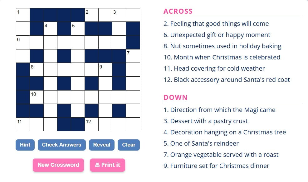 Free Christmas crossword puzzles online and printable with answers.