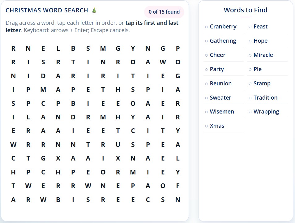 online Christmas day word search. Free printable Christmas word search puzzles.