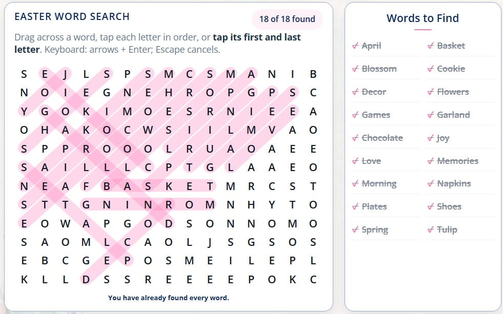 Free online Easter word search and printable Easter word search puzzle