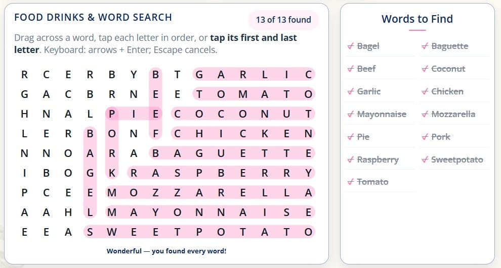 Free food word search online and printable food word search puzzle