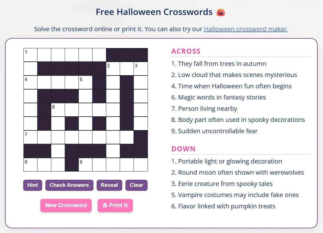 Easy Halloween crossword puzzles for kids, adults, and seniors.