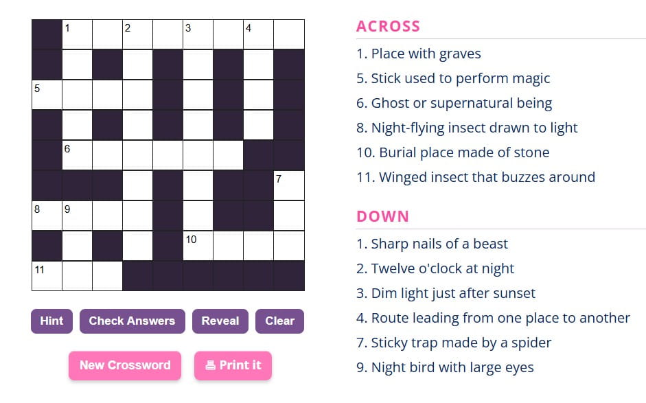 Free Halloween crossword puzzles online and printable with answers.