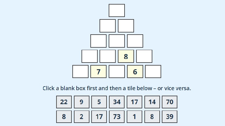 5-layer Number pyramid puzzle game. Math pyramid puzzle with answers. addition pyramid.
