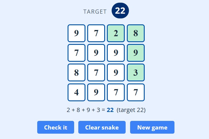 Number snake puzzle with answers. number path puzzle online. connect numbers to the target sum. number puzzles for adults.