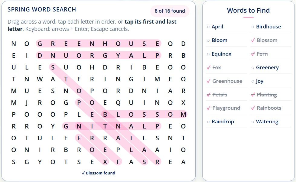 Free online spring word search and printable spring word search puzzle