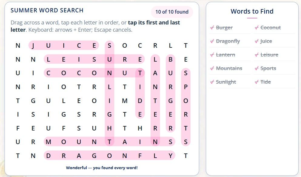 Free online summer word search and printable summer word search puzzle