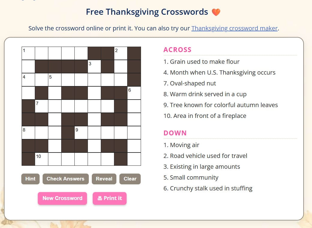 Easy Thanksgiving crossword puzzles for kids, adults, and seniors.