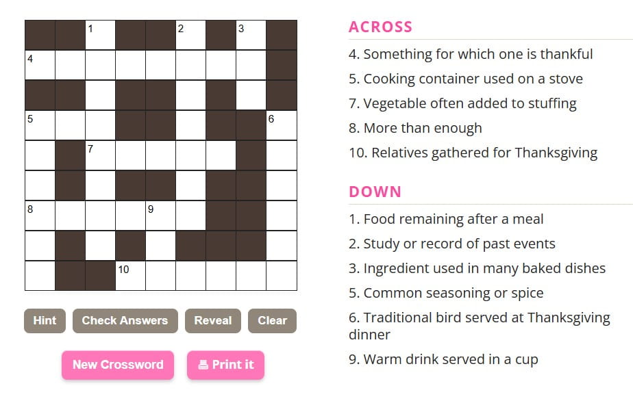 Free Thanksgiving crossword puzzles online and printable with answers.