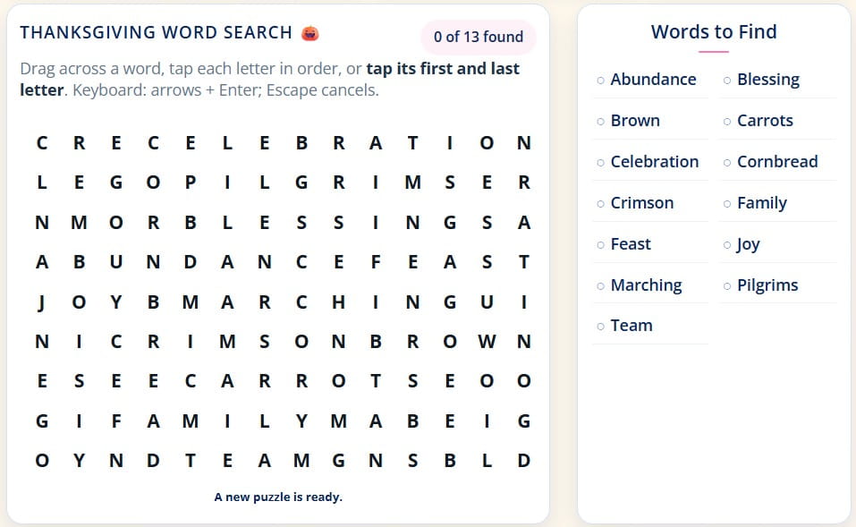 Free online Thanksgiving word search and printable Thanksgiving Day word search