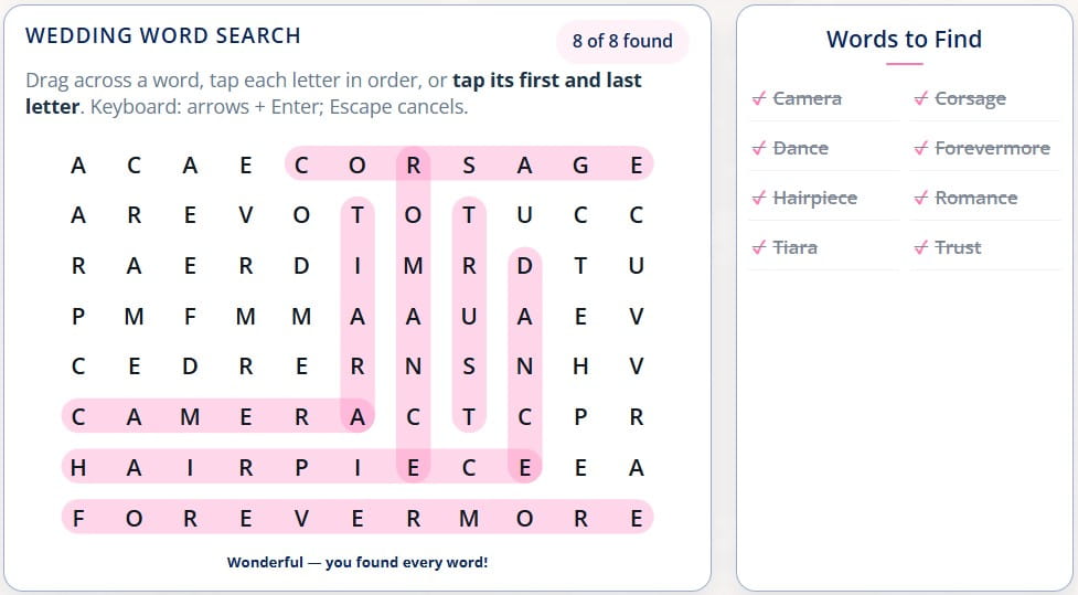 Free online wedding word search and printable wedding word search puzzle