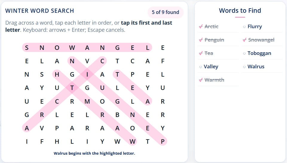 Free online winter word search and printable winter themed word search