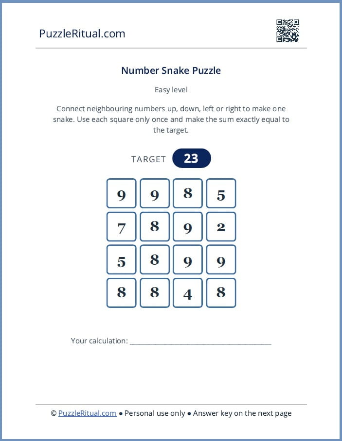 Number snake puzzles with answers PDF Number snake puzzle with answers PDF. printable number path puzzle. number puzzles for adults. sum puzzle printable.