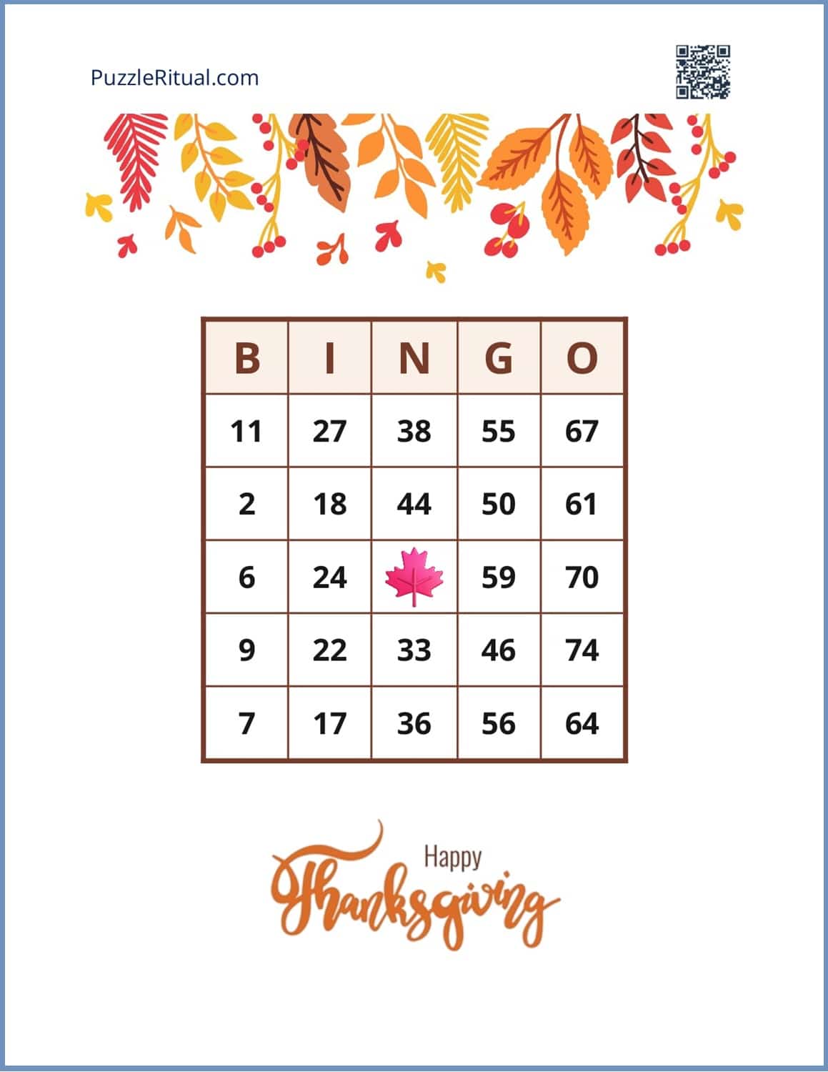 free printable thanksgiving bingo card with numbers. thanksgiving BINGO cards generator. Free printable thanksgiving BINGO cards 1-75 PDF