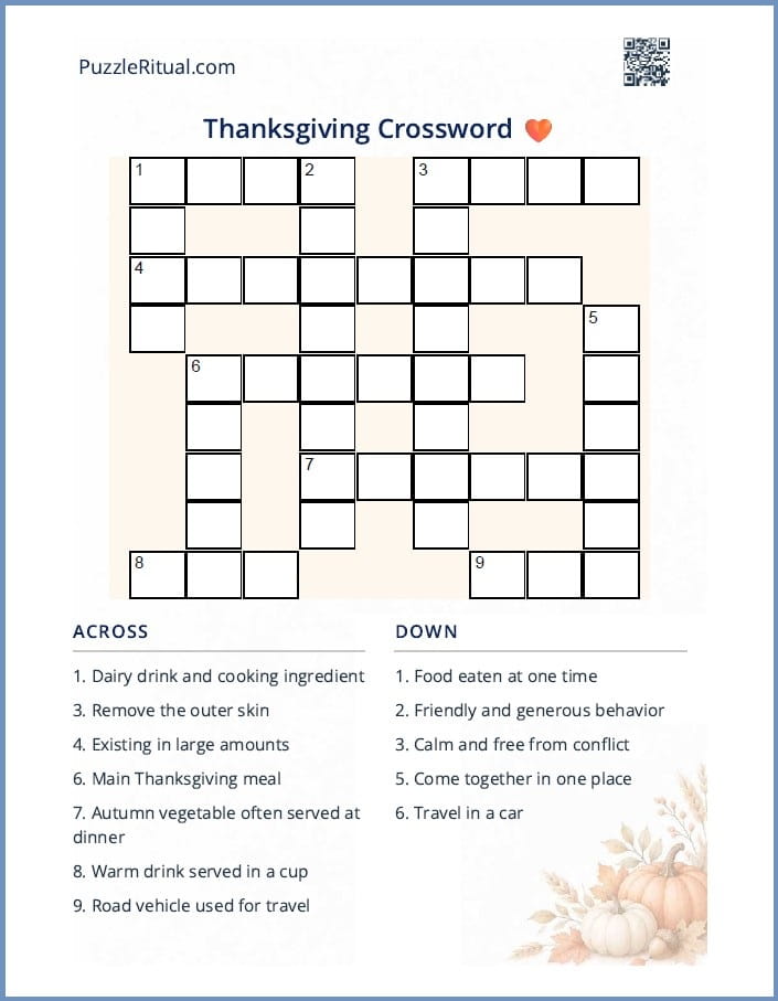 free printable Thanksgiving crossword puzzles with answers