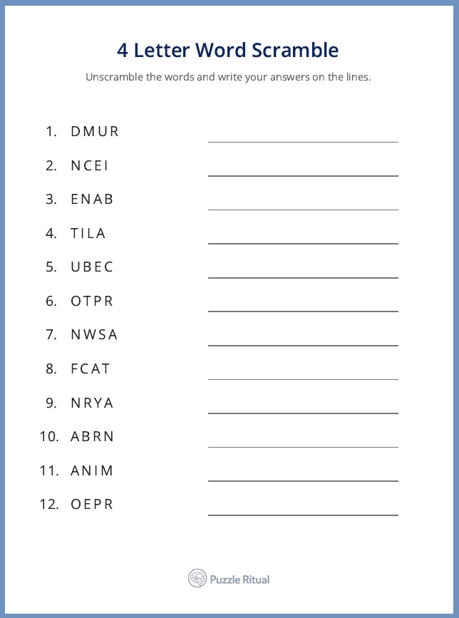 free 4 letter word scramble with answers, four letter word scramble, 4 letter scramble with answers, word scramble 4 letters with answers PDF