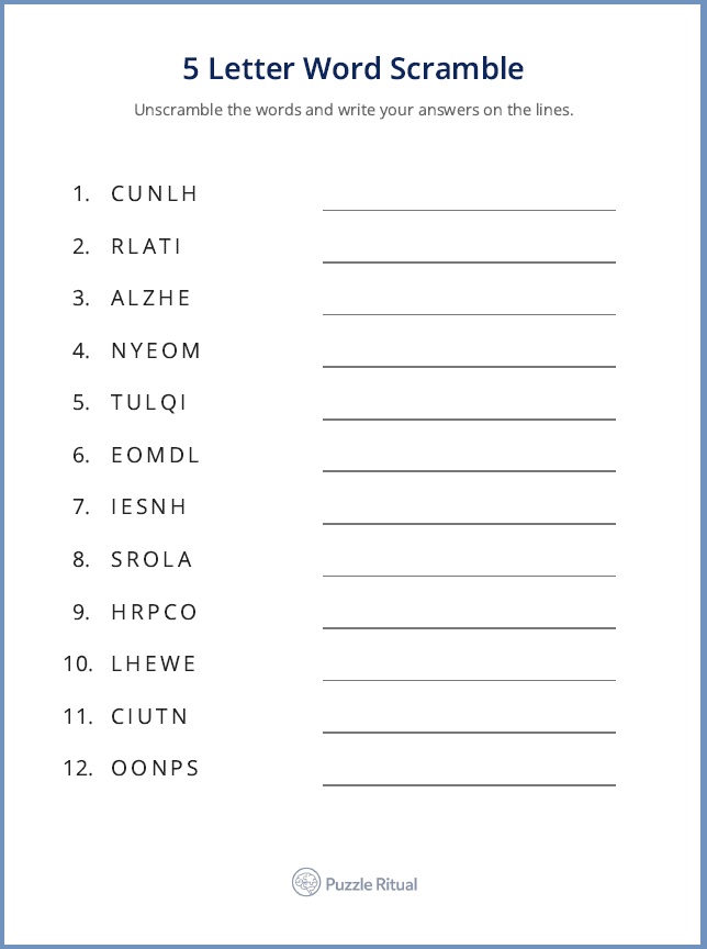 free 5 letter word scramble with answers, five letter word scramble, 5 letter scramble with answers, word scramble 5 letters with answers.