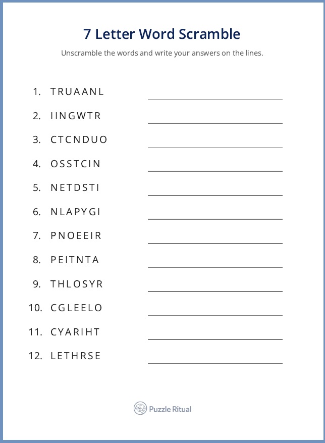free 7 letter word scramble with answers, seven letter word scramble, 7 letter scramble with answers, word scramble 7 letters with answers PDF