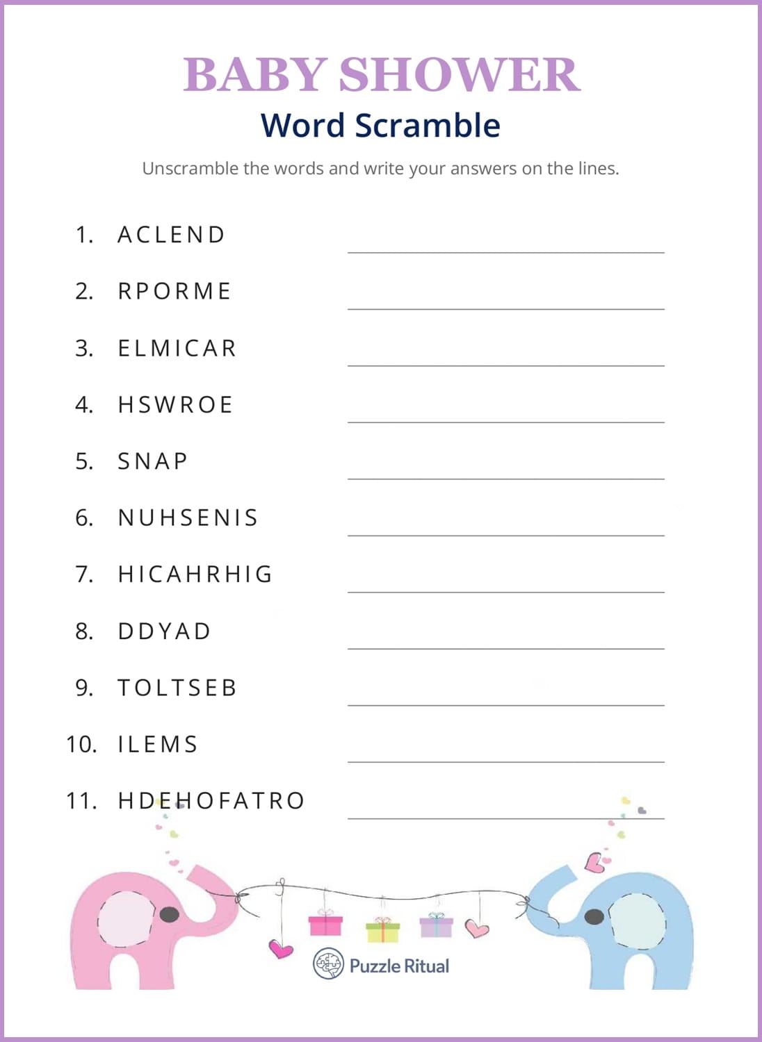 free printable baby shower word scramble with answers, baby shower word scramble game, baby shower word scramble printable