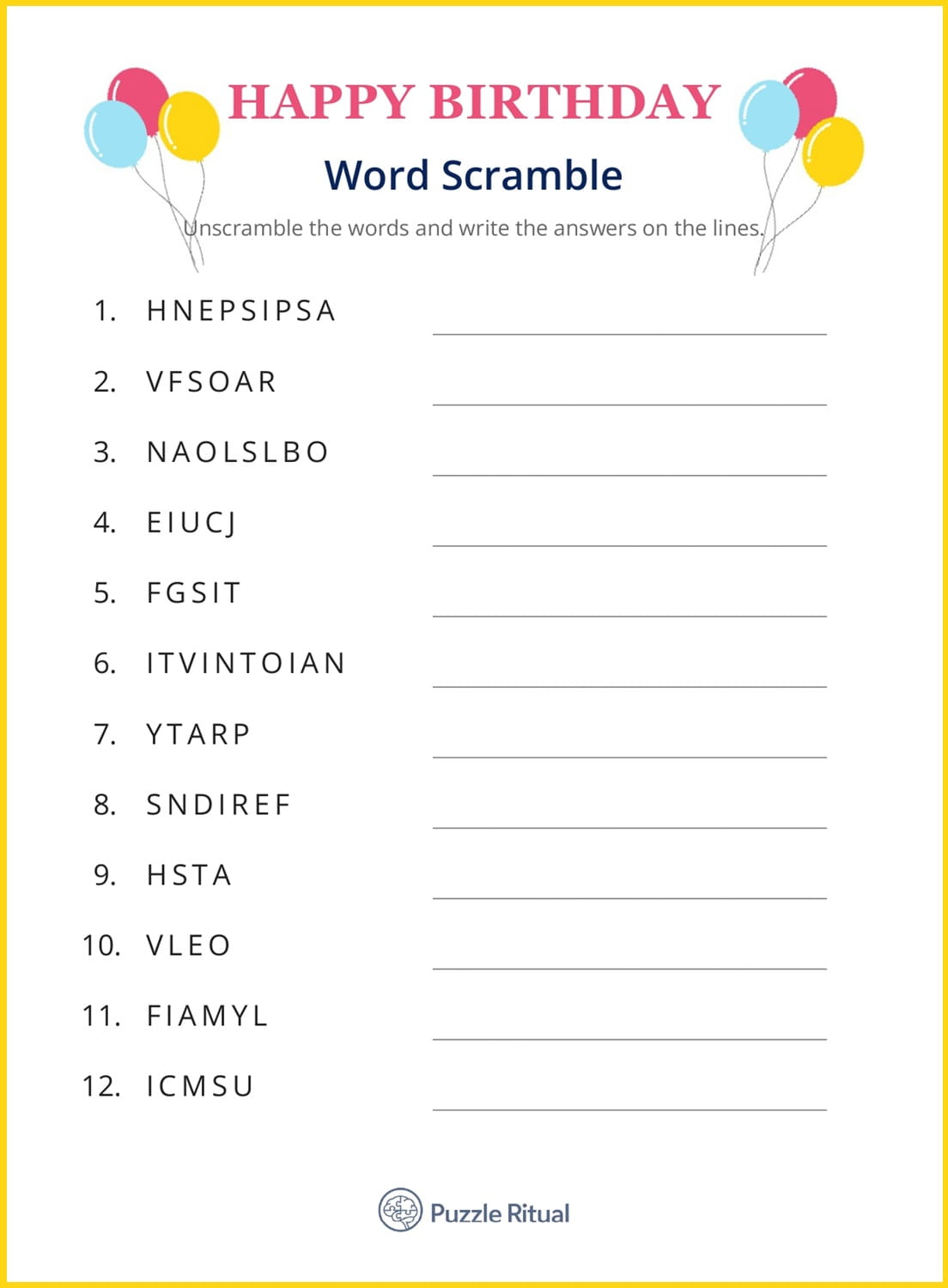 free printable birthday party word scramble with answers, free happy birthday word scramble game, birthday word scramble printable. free printable birthday scramble PDF.