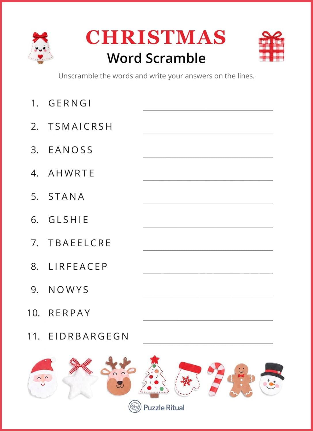 Christmas word scramble with answer key PDF, free Christmas scrambled words, free Christmas word scramble printable, free printable Christmas scramble with answers PDF. Free printable word scramble for Christmas.