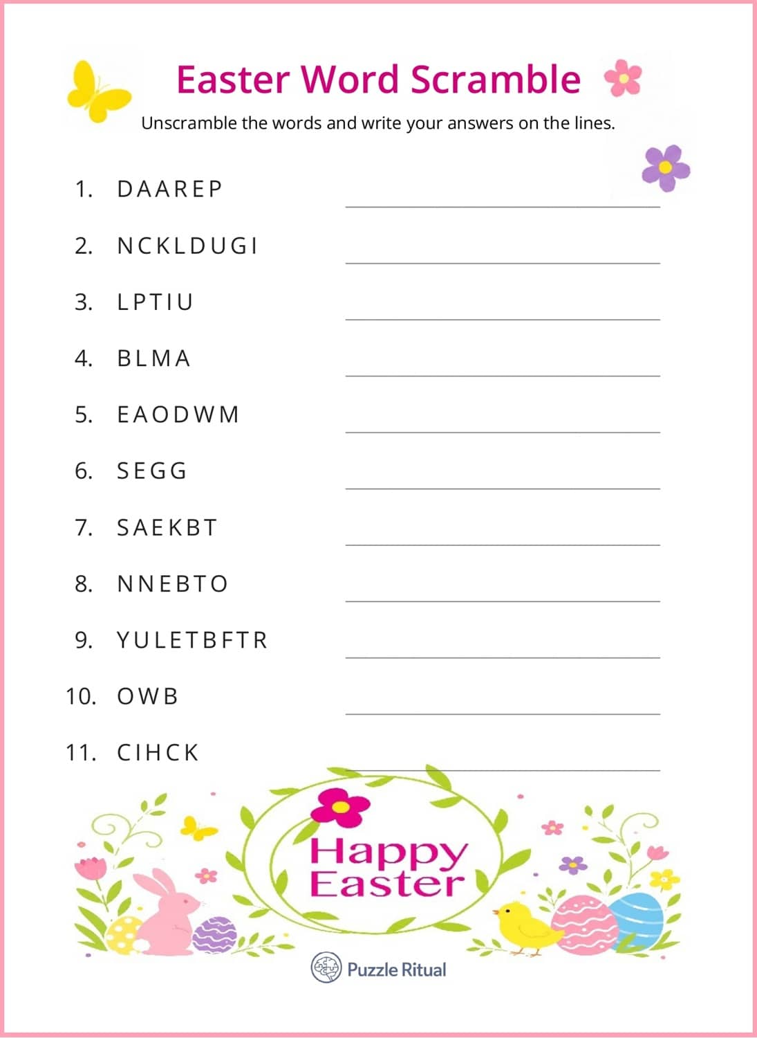 free printable Easter word scramble with answers in PDF, Easter scramble words for kids and adults, printable Easter word scramble for adults, Easter word scramble with answer key, free printable Easter word scramble PDF