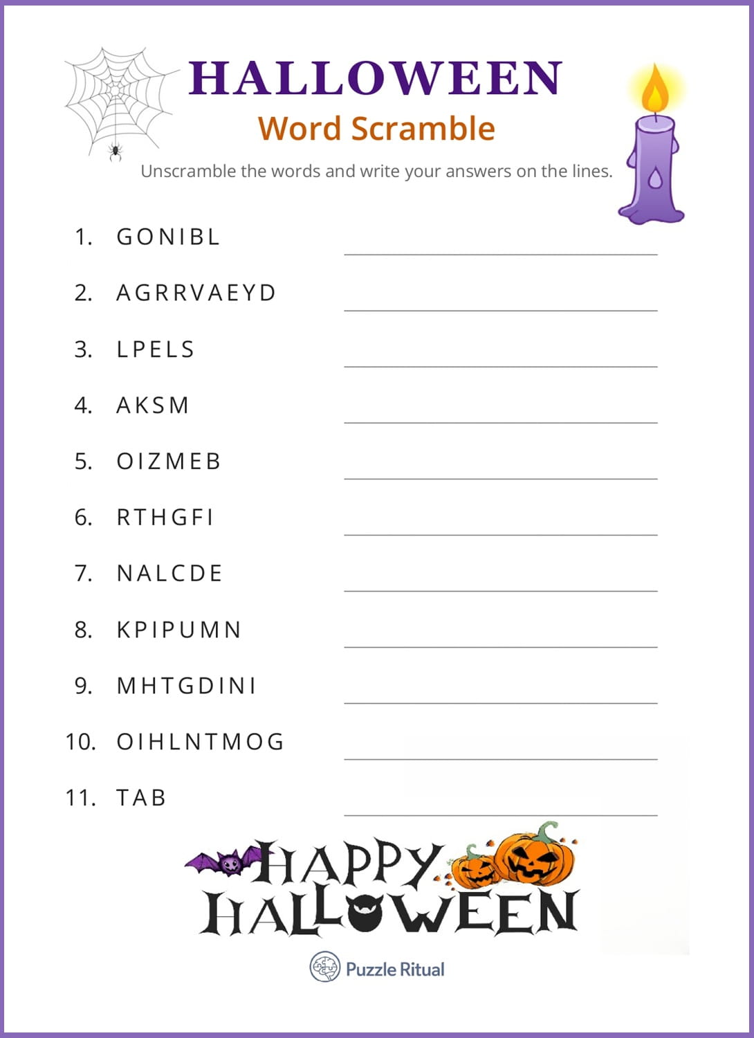 Halloween word scramble with answer key PDF, free Halloween scrambled words, free Halloween word scramble printable, free printable Halloween scramble with answers PDF. Free printable word scramble for Halloween.