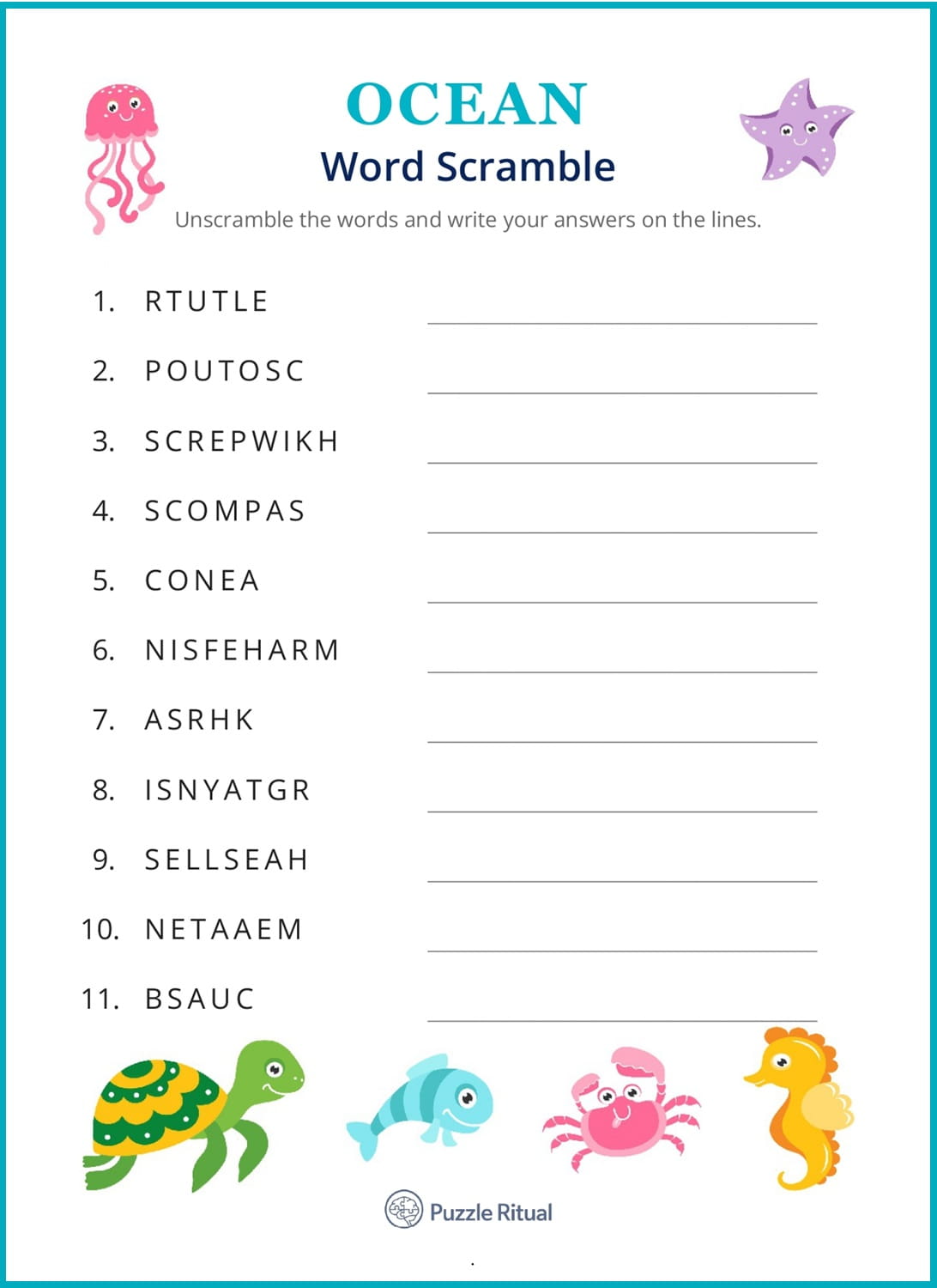 free ocean word scramble with answers, ocean scramble words, free printable ocean word scramble PDF