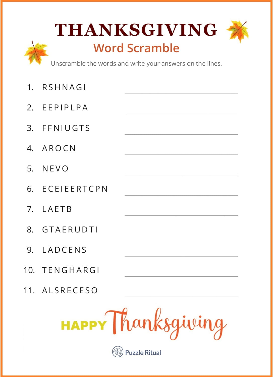 Free Thanksgiving word scramble with answer key PDF, free Thanksgiving scrambled words, free Thanksgiving word scramble printable, free printable Thanksgiving scramble with answers PDF. Free printable word scramble for Thanksgiving with answers.