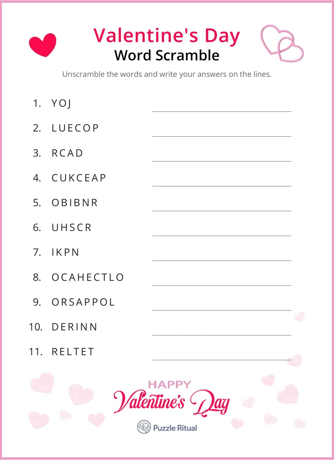 free printable Valentine word scramble with answers, free Valentine Day word scramble, Valentine's Day word scramble printable, Valentine word scramble free printable, Valentine word scramble and answers.