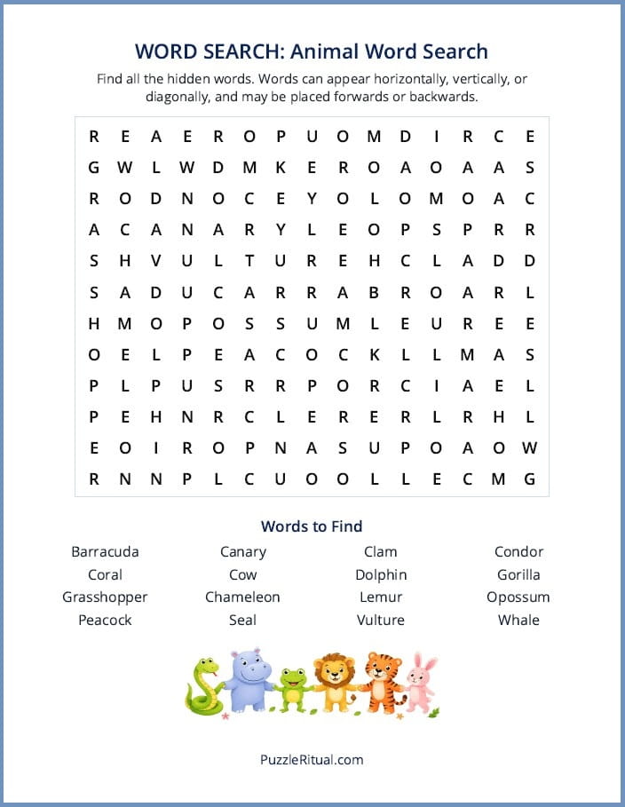 Free printable word search for animals