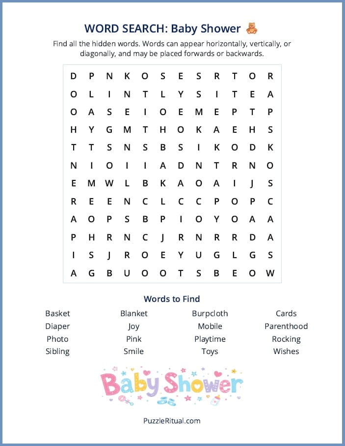 Free printable baby shower word search with answers