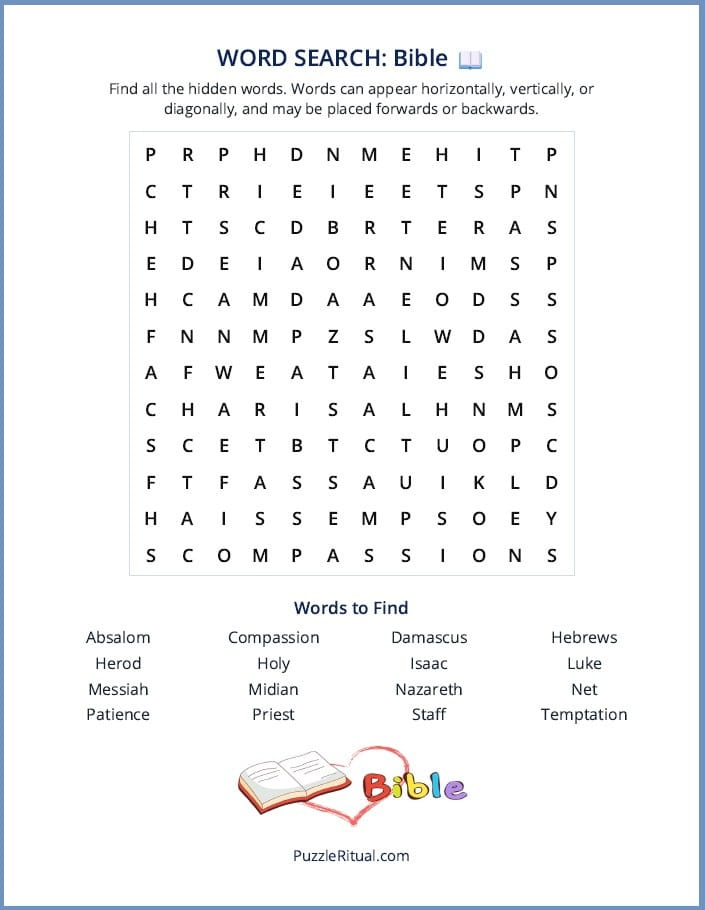 Free printable Bible word search puzzle with biblical words