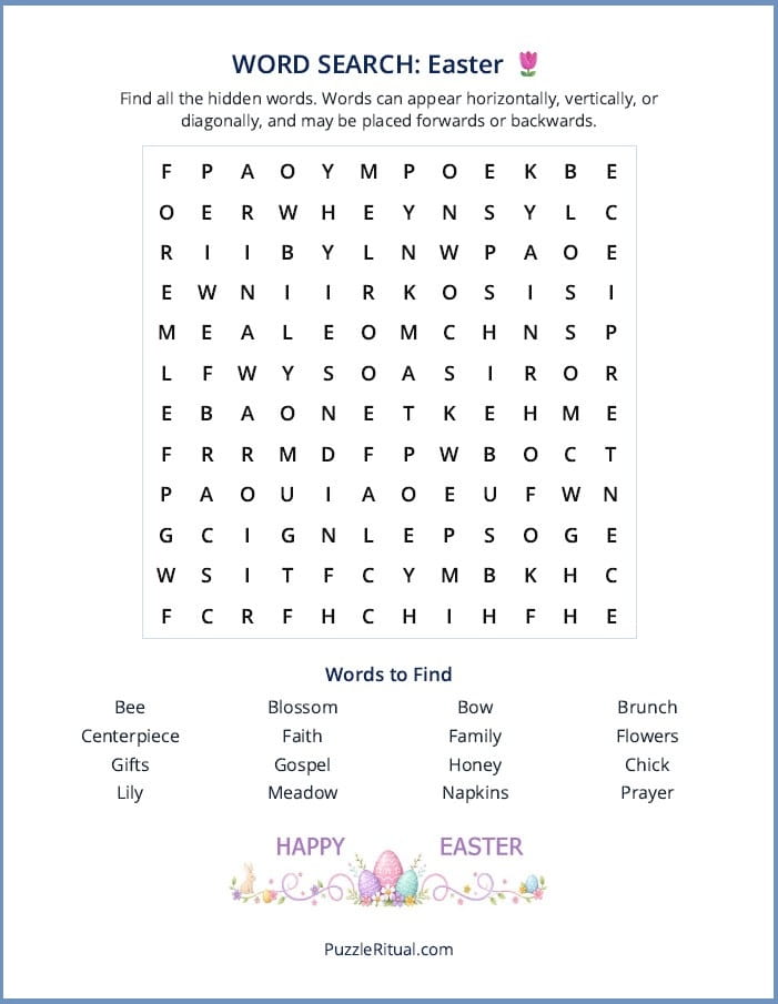 Free printable Easter word search puzzle with answers