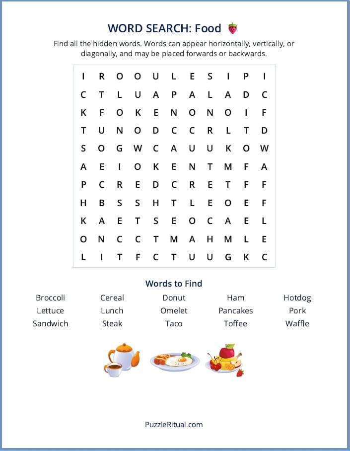 Free printable food word search puzzle with answers