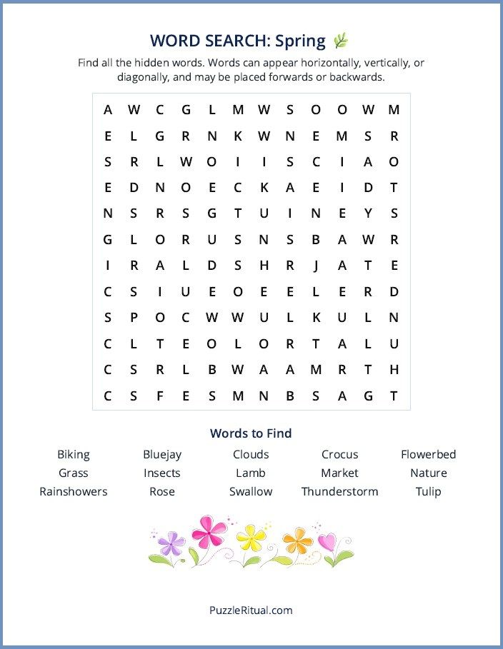 Free printable spring word search puzzle with answers