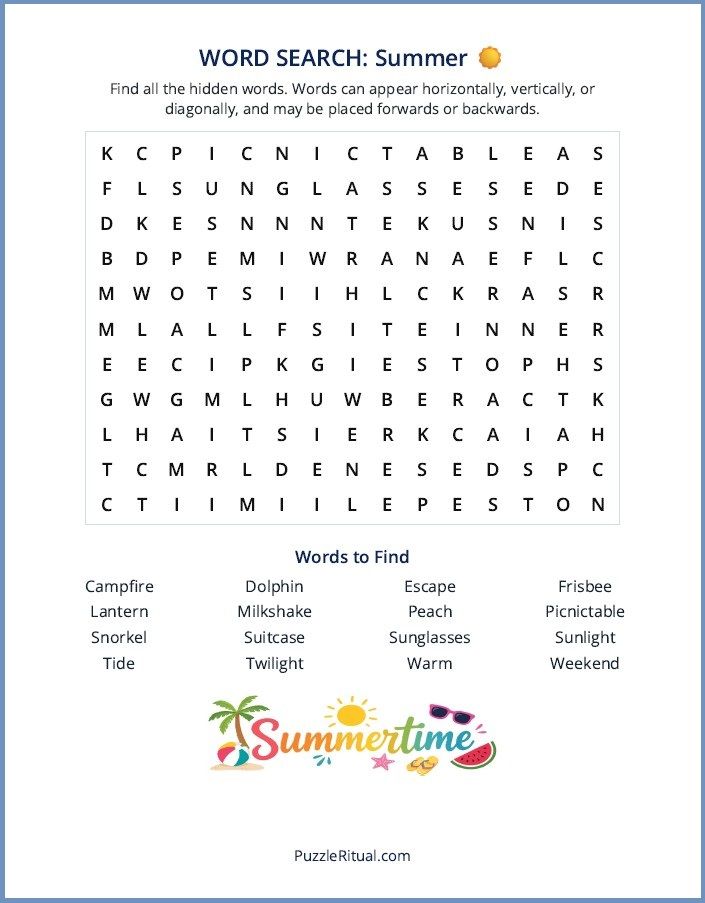 Free printable summer word search puzzle with answers