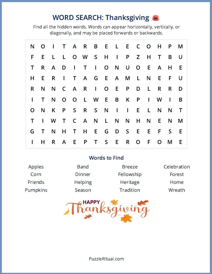Free printable Thanksgiving Day word search puzzle