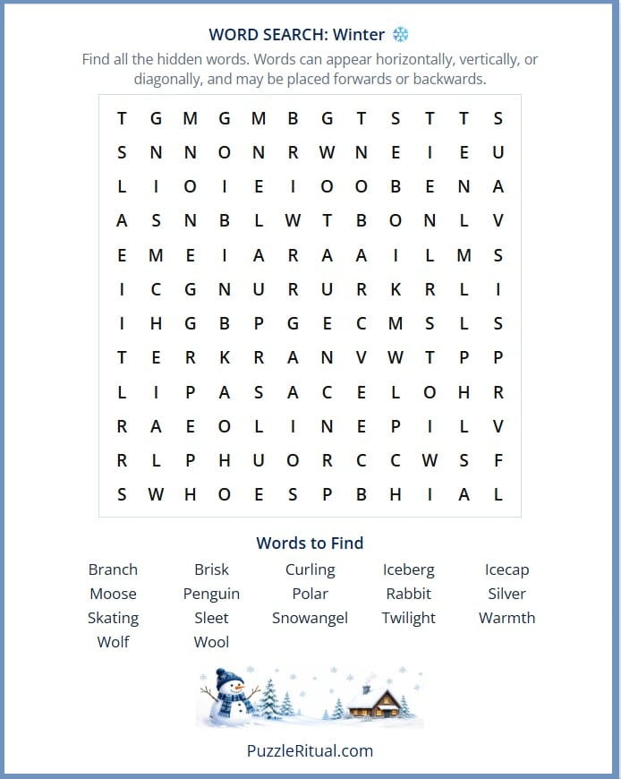 Free printable winter word search puzzles with answers
