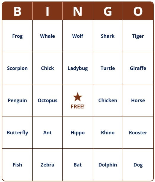 Free printable Animal Bingo cards with words
