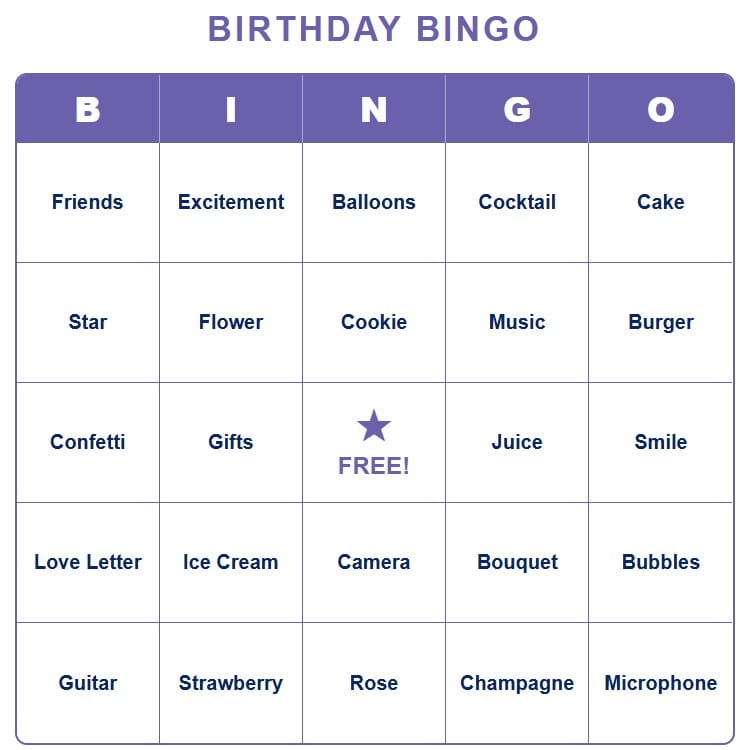 Free printable Birthday Bingo cards with words
