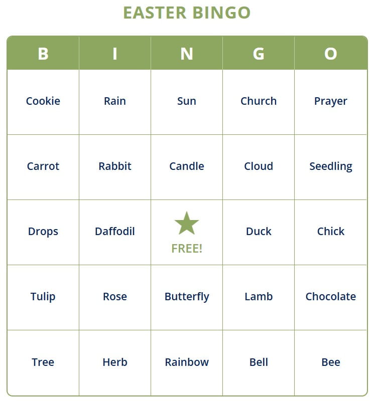Free printable Easter Bingo cards with words