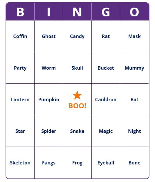 Free printable Halloween Bingo cards with words