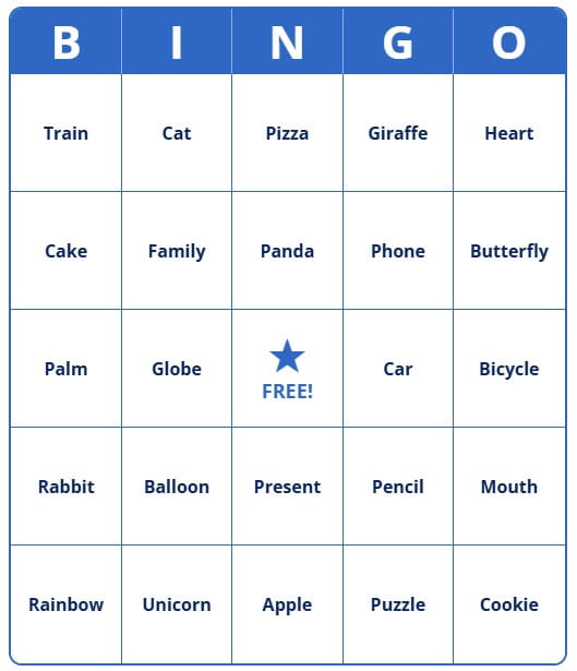 Free printable Bingo cards for kids with words
